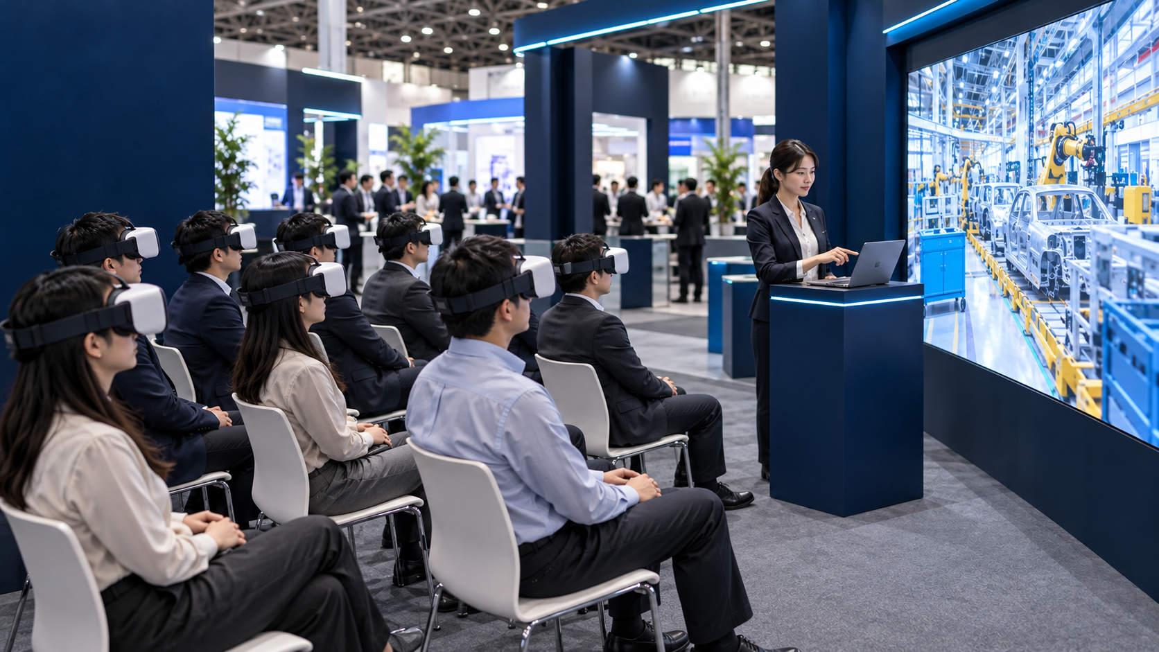 展示会ブースのミニセミナーで、女性司会者がPCを操作し、着座した来場者約10名がHMDで同じ映像を体験