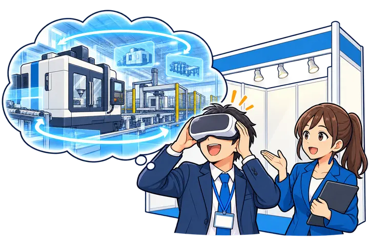 設備の搬入が難しい場合も、VRで大型設備を紹介するイメージ