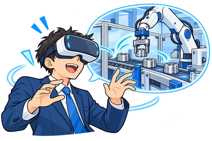 VRで設備内部や製造工程の動きを体験するイメージ