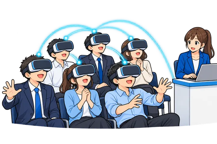 司会者の操作で来場者が一斉にVRを体験するイメージ